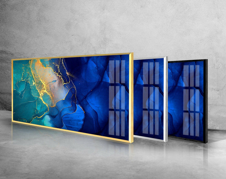 Blue & Gold Marble Abstract Glass Wall Art, photo print on glass, prints on glass wall art