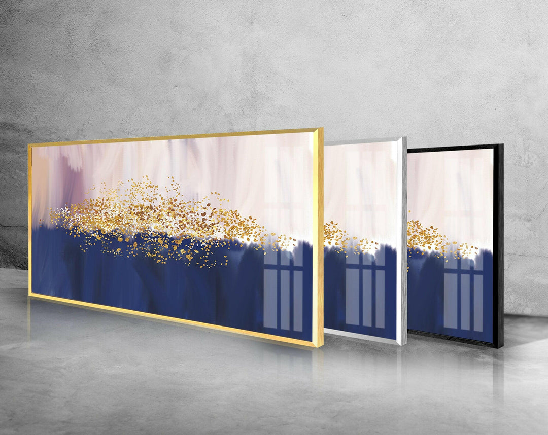 Navy Blue&Gold Abstract Glass Wall Art, picture on glass wall art, photos printed on glass