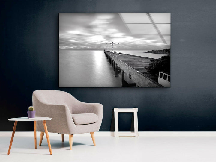 Black & White Dock Glass Wall Art photo print on glass, prints on glass wall art