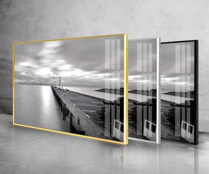 Black & White Dock Glass Wall Art print on glass, glass printed photos