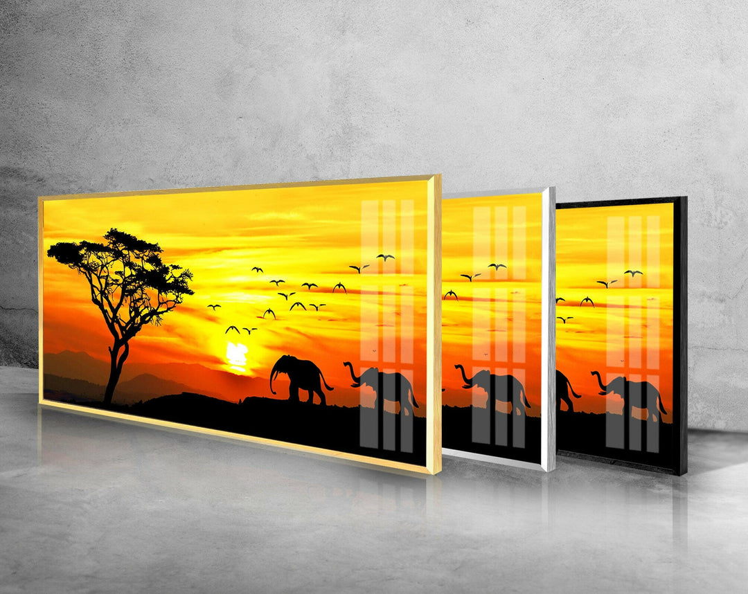 Savanna Sunset & Elephant Glass Wall Art, glass image printing, glass prints from photos