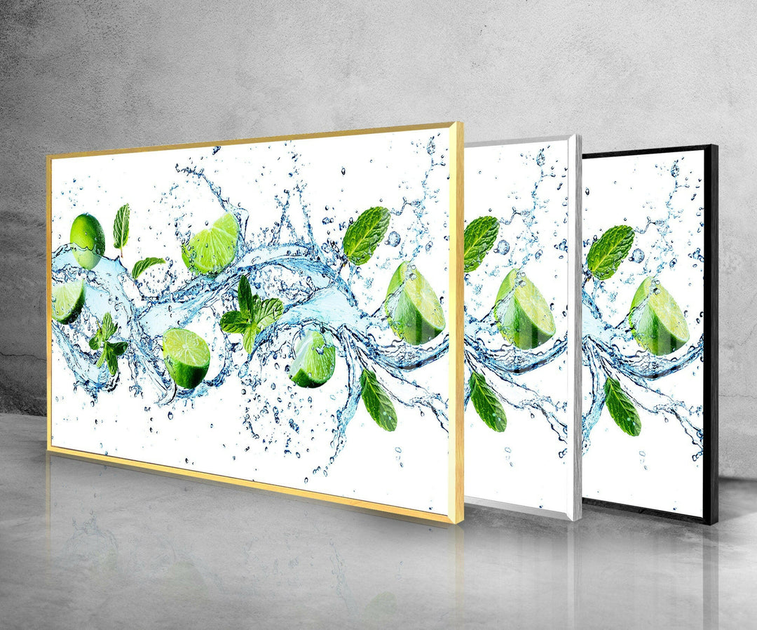 Limes and Water Splash Kitchen Glass Wall Art, glass art painting, glass art for the Wall