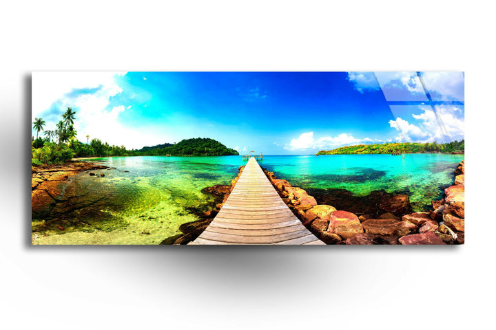 Tropical Beach With Wooden Dock Glass Wall Art, custom glass pictures, glass art prints