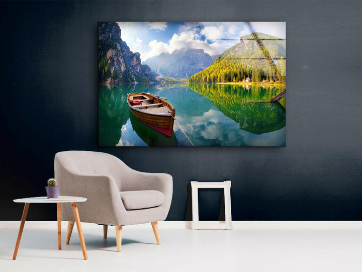 Autumn Boat on Lake Glass Wall Art custom glass photo prints, large glass prints