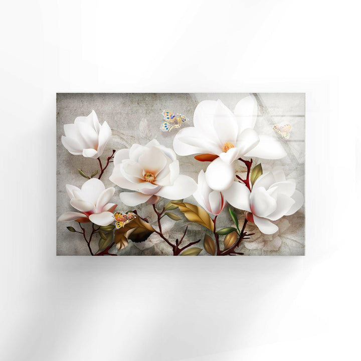 3D White Magnolia Glass Wall Art, glass photo prints, glass picture prints