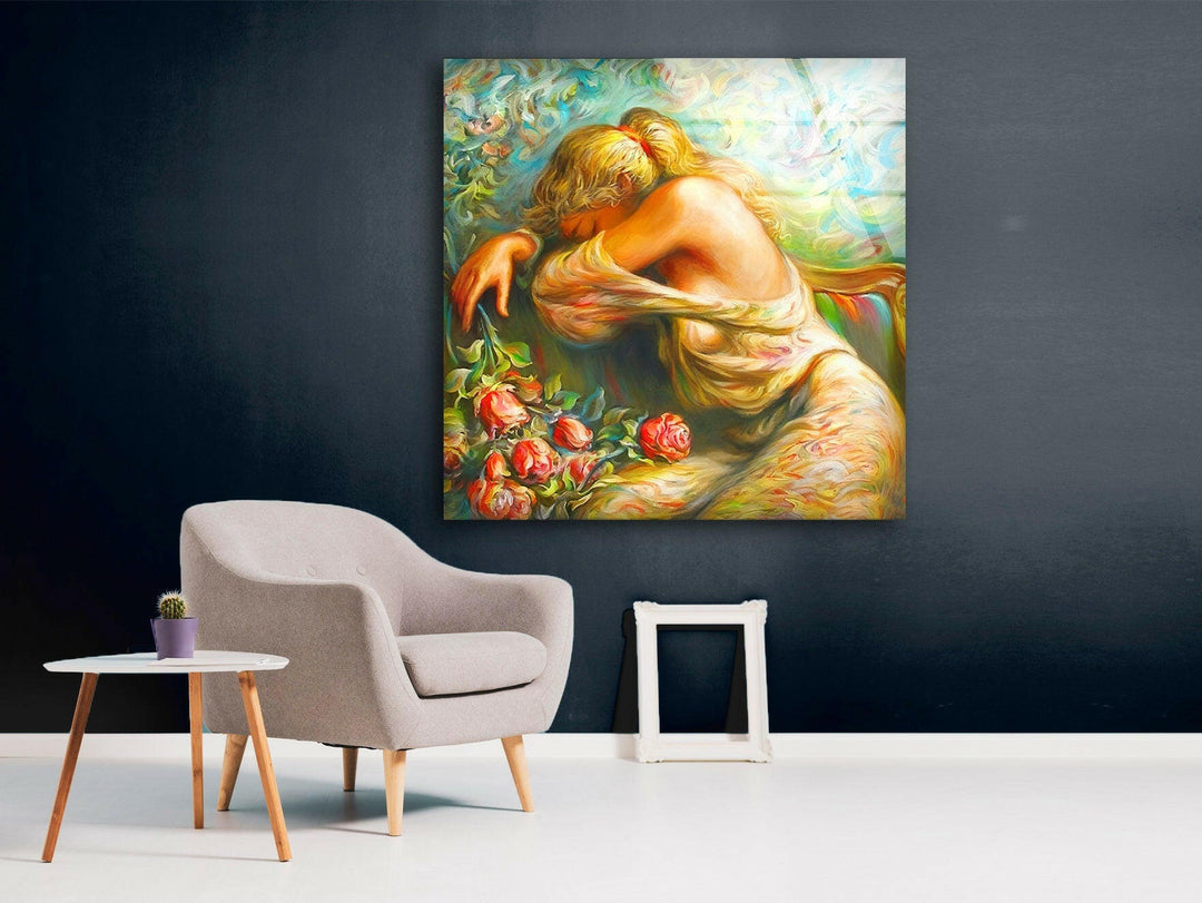 Oil Painting Woman Floral Tempered Glass Wall Art - MyPhotoStation