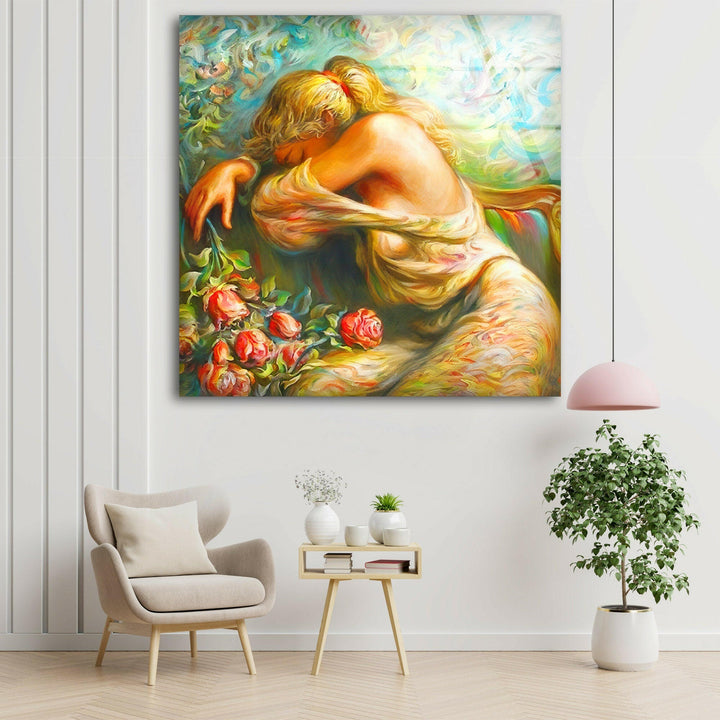 Oil Painting Woman Floral Tempered Glass Wall Art - MyPhotoStation