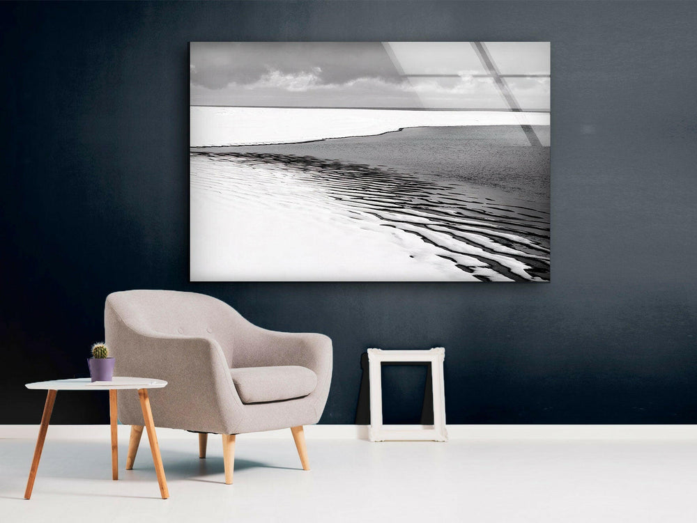 Black & White Ocean Glass Wall Art print picture on glass, Tempered Glass Wall Art