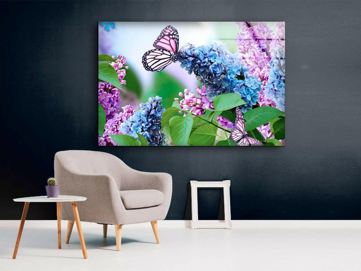 Butterfly And Lilac Flower Glass Wall Art, glass image printing, glass prints from photos
