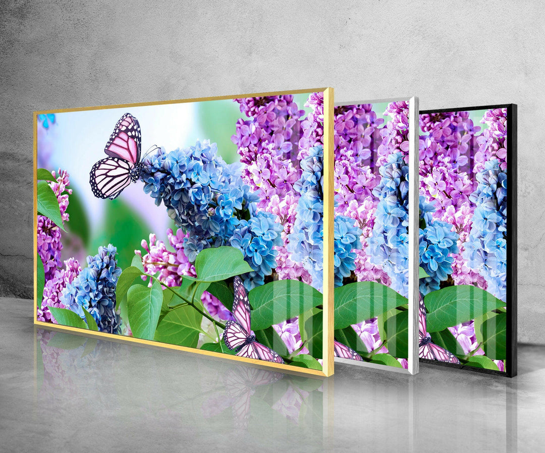 Butterfly And Lilac Flower Glass Wall Art, photo print on glass, prints on glass wall art
