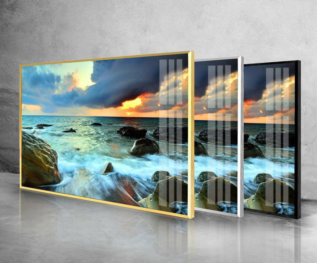 Sunset Cloudy Sea Nature Glass Wall Art glass art painting, glass art for the Wall