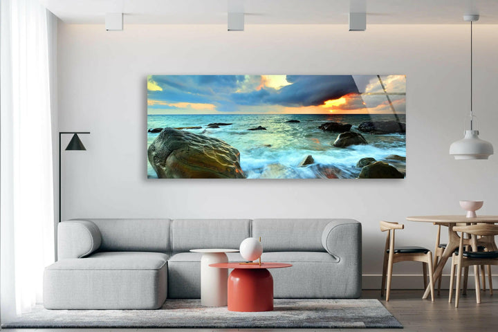 Sunset Cloudy Sea Nature Glass Wall Art             glass wall decor, glass wall art decor