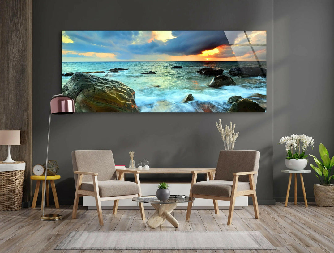 Sunset Cloudy Sea Nature Glass Wall Art print on glass, glass printed photos