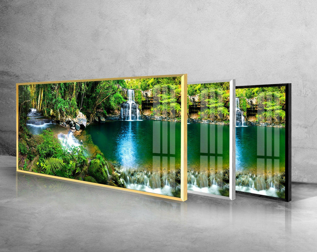 Waterfall Landscape Glass Wall Art, glass art painting, glass art for the Wall