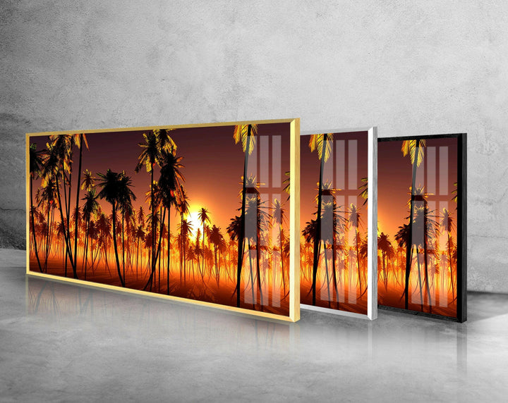 Palm Trees & Sun Setting Landscape Glass Wall Art, art glass wall art, glass wall art pictures