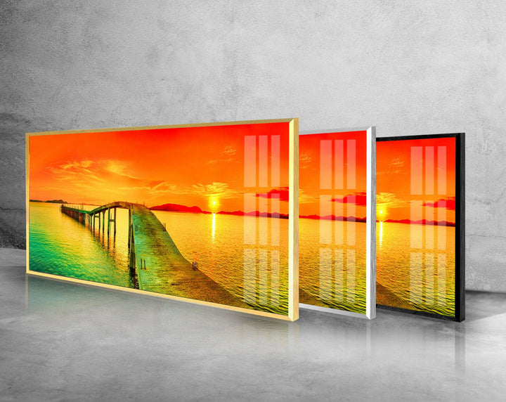 Pier and Sunset Seascape Glass Wall Art, large glass photo prints, glass wall photos