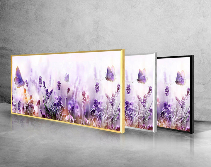 Lavender Garden & Flying Butterflies Glass Wall Art, print picture on glass, Tempered Glass Wall Art