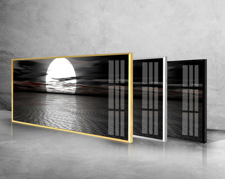 Full Moon Black Seascape Glass Wall Art, glass pictures for Wall, glass prints wall art