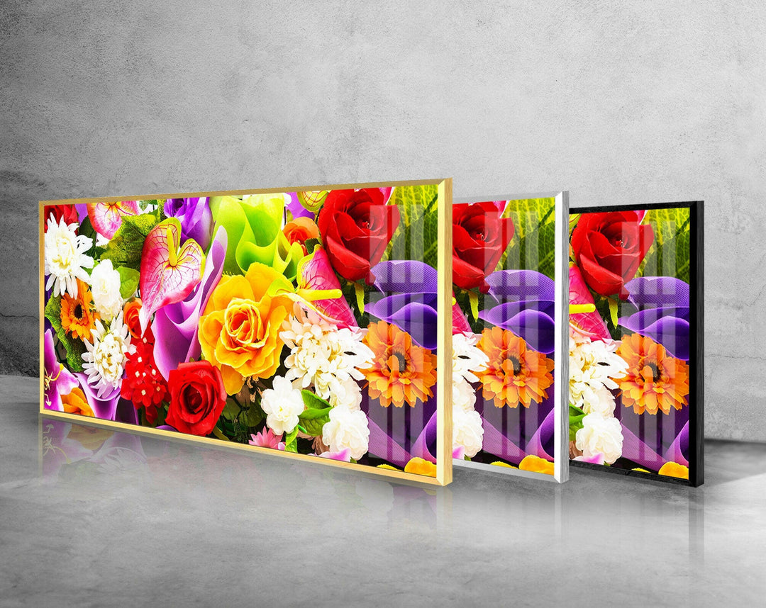 Colorful Flower Posy Glass Wall Art, glass art painting, glass art for the Wall