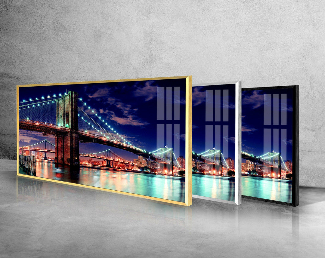 Manhattan Bridge Night Landscape Glass Wall Art, custom glass photo prints, large glass prints