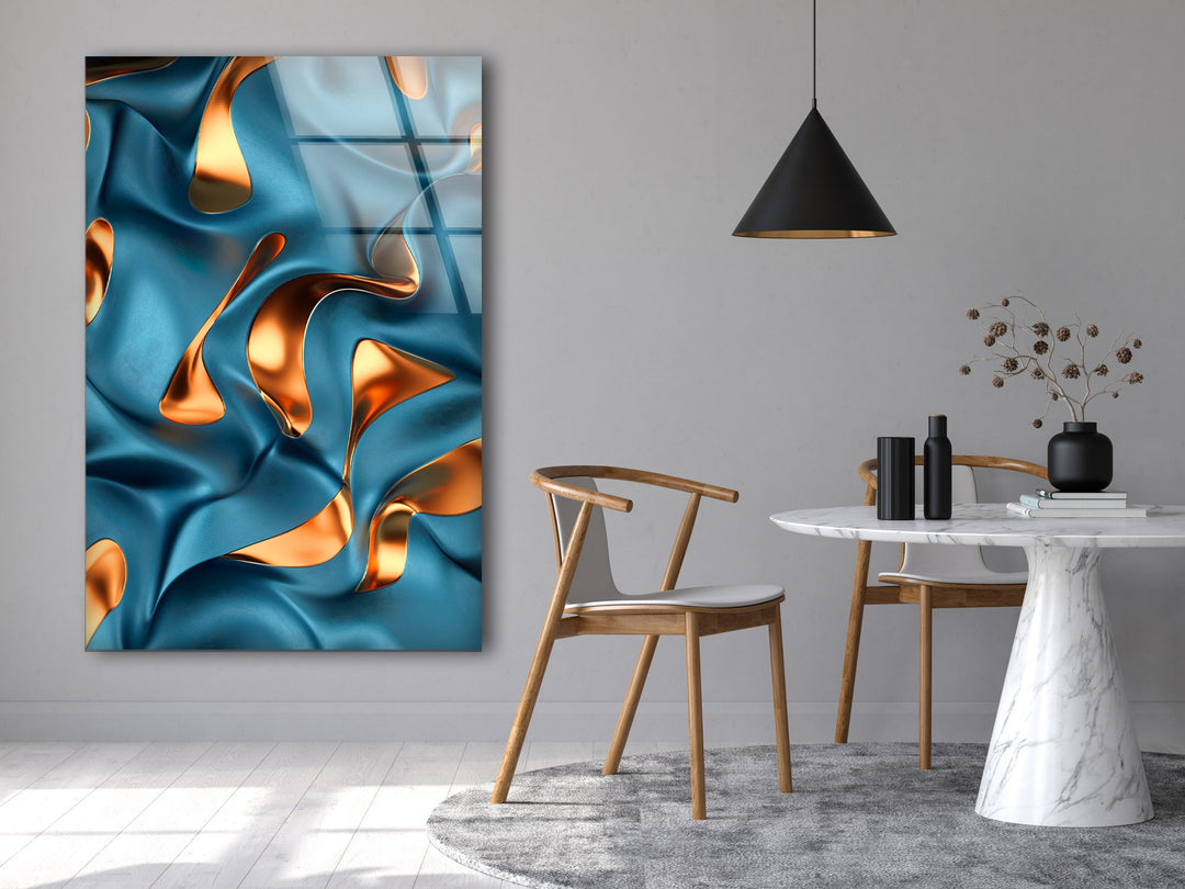 Golden Blue Abstract wavy Glass Wall Art