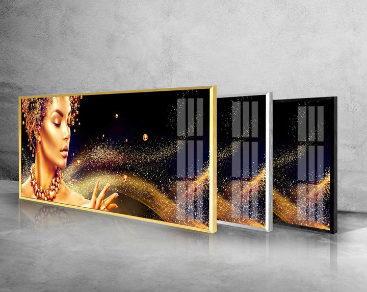 Golden Woman Portrait Glass Wall Art, glass pictures for Wall, glass prints wall art