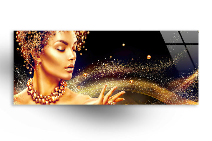 Golden Woman Portrait Glass Wall Art, glass image printing, glass prints from photos