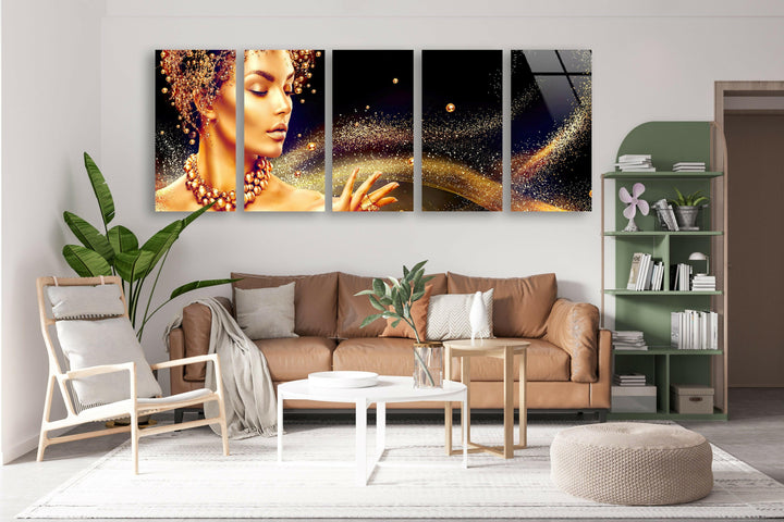 Golden Woman Portrait Glass Wall Art, glass photo prints, glass picture prints