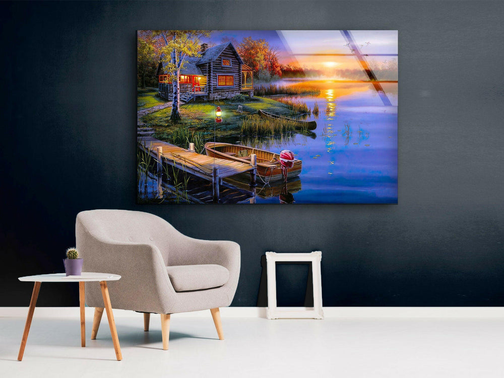 Sunset Lake House Glass Wall Art glass art painting, glass art for the Wall