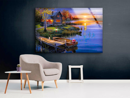 Sunset Lake House Glass Wall Art