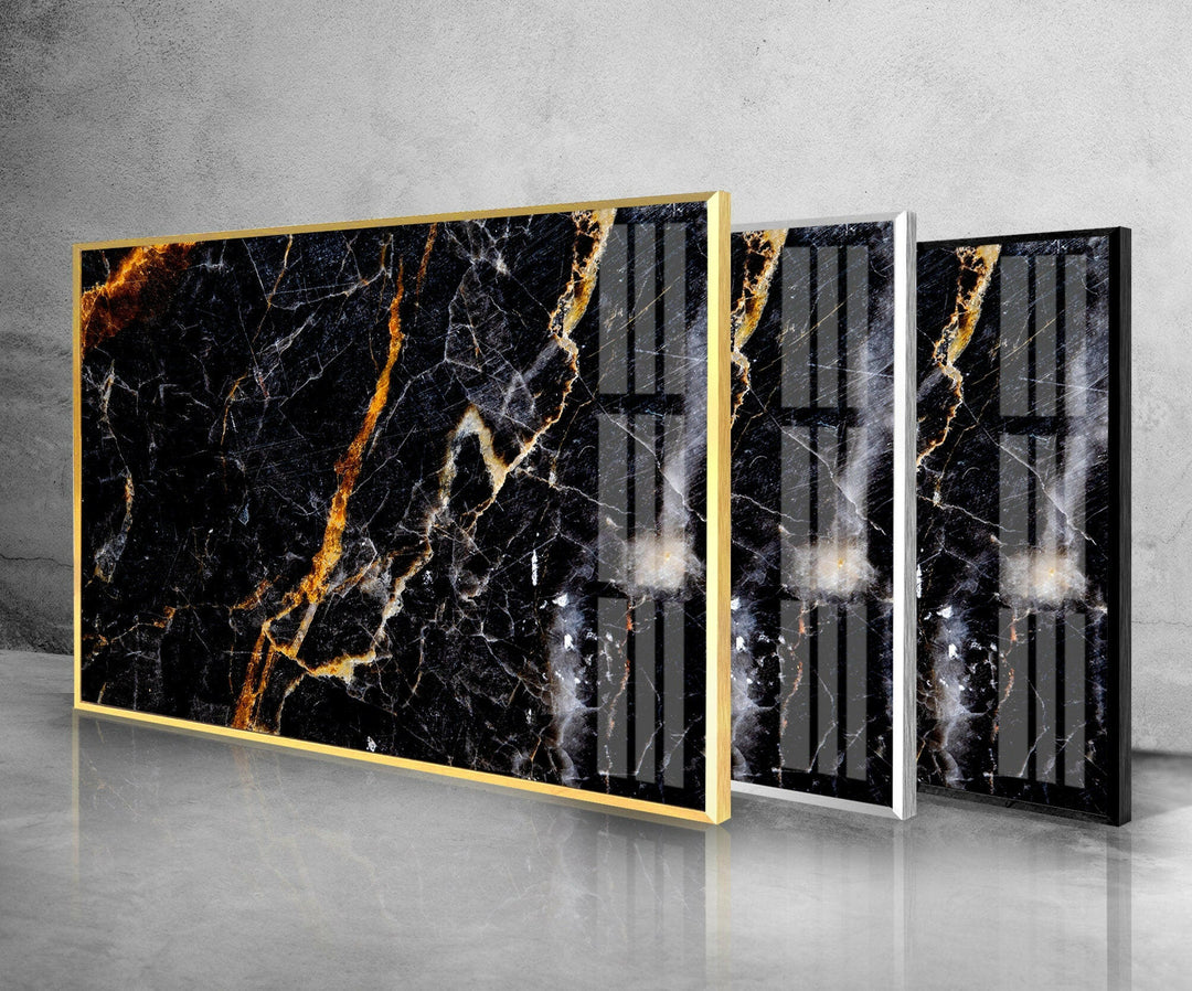 Black & Orange Marble Abstract Glass Wall Art print picture on glass, Tempered Glass Wall Art