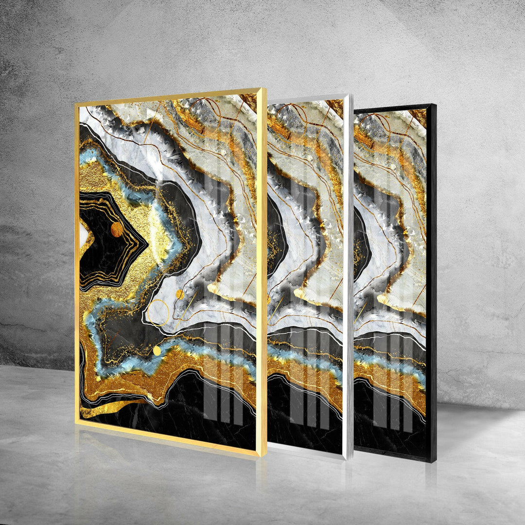 Black, White With Gold Shimmer Marble Glass Wall Art, glass pictures for Wall, glass prints wall art