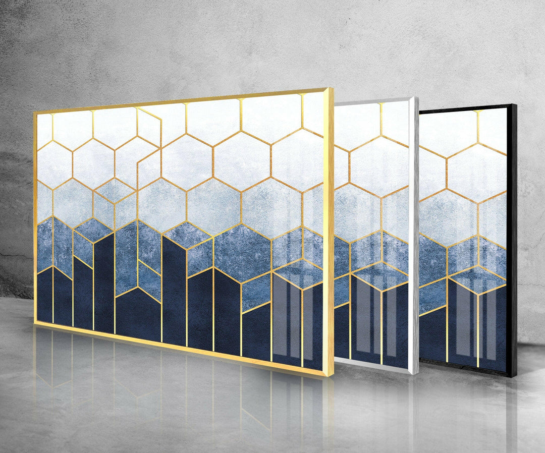 Blue Hexagons Abstract Glass Wall Art