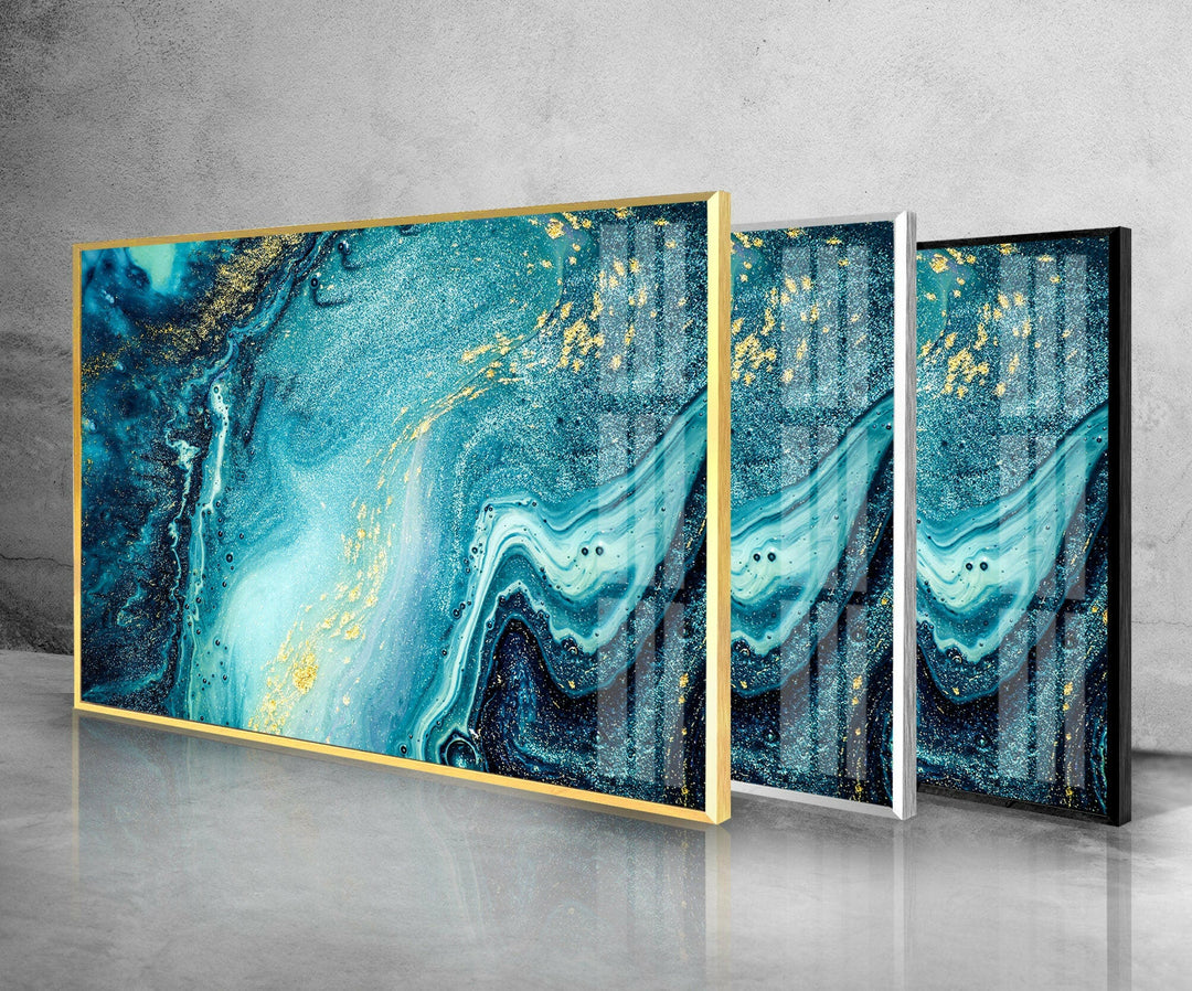 Blue & Gold Abstract Alcohol Ink Glass Wall Art glass pictures for Wall, glass prints wall art