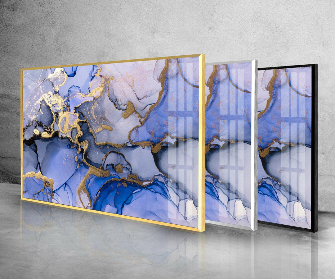 Blue Abstract Alcohol Ink Marble Glass Wall Art glass pictures for Wall, glass prints wall art