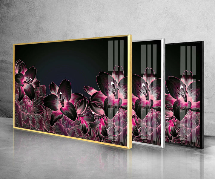 Pink Botanical Floral On Black Glass Wall Art, glass pictures for Wall, glass prints wall art
