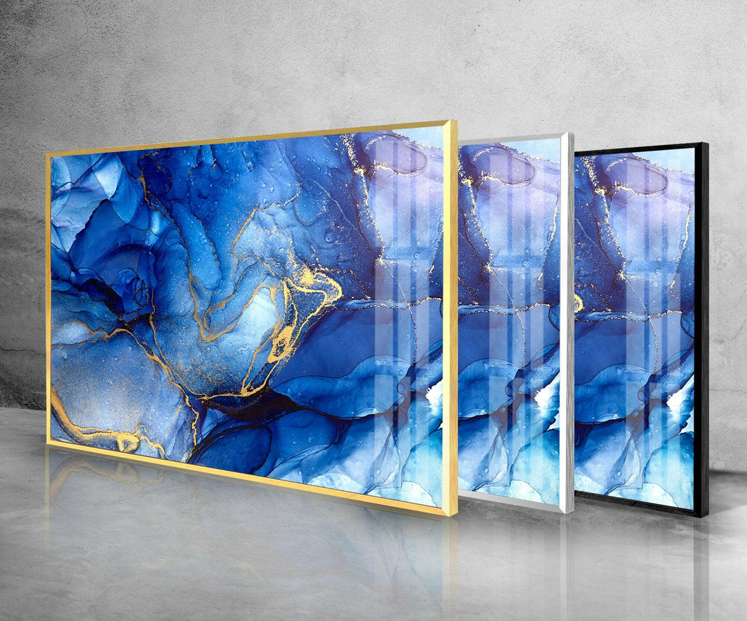 Gold & Blue Alcohol Ink Abstract Glass Wall Art glass pictures for Wall, glass prints wall art