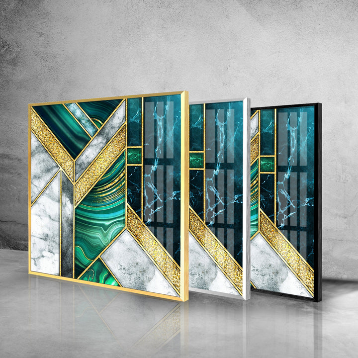 Green Gold Marble Geometric Abstract Glass Wall Art, art glass wall art, glass wall art pictures