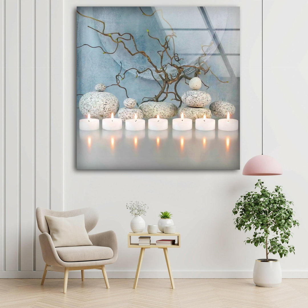 Candle With Zen Spa Stones Glass Wall Art