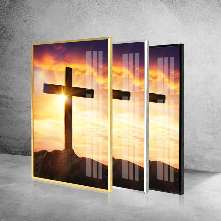 Jesus Christ Cross With Sunset Glass Wall Art, Glass Printing Wall Art, Print photos on glass