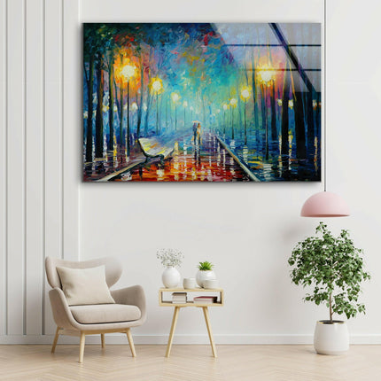 Misty Night Park Glass Wall Art