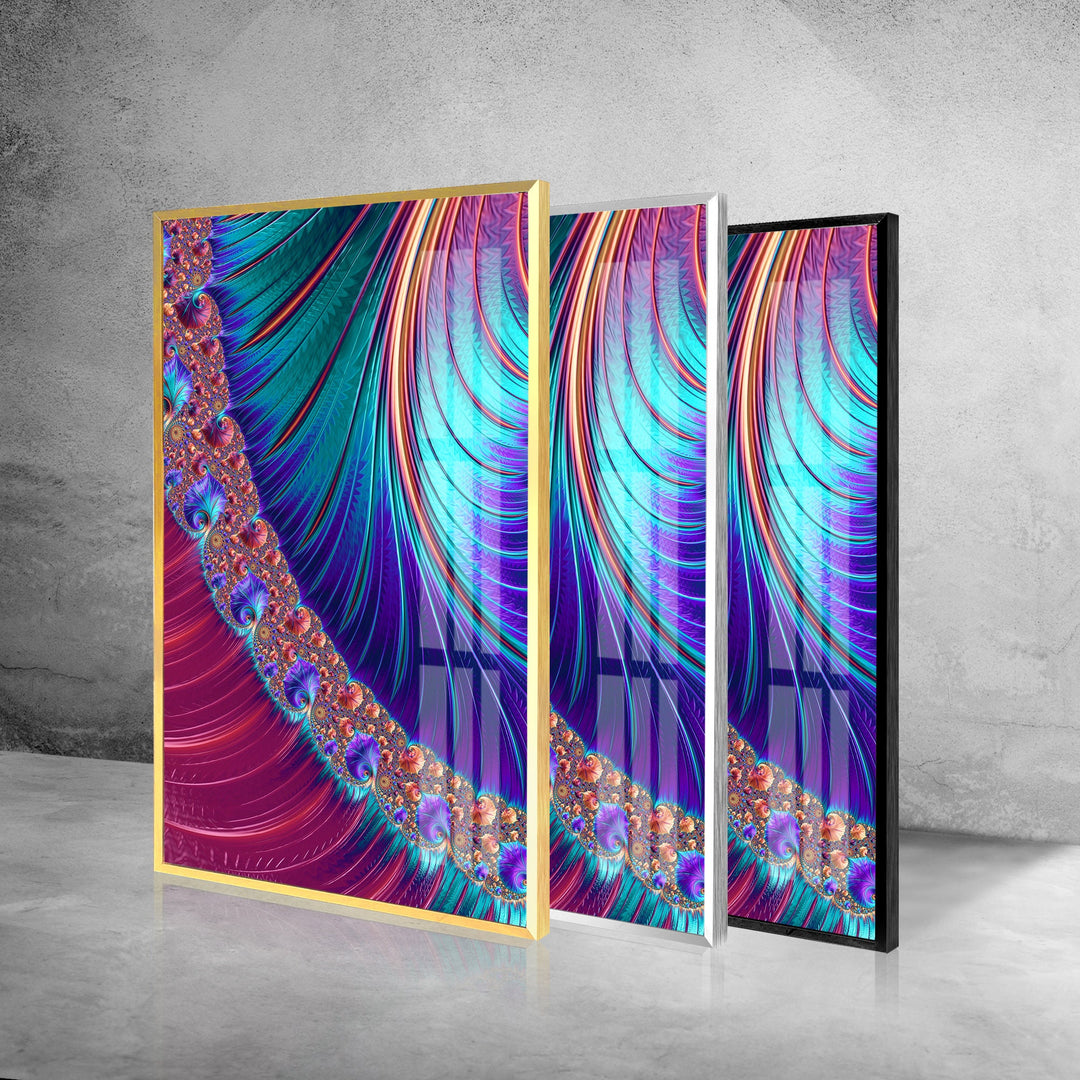 Purple Spiral Peacock Abstract Glass Wall Art, photo print on glass, prints on glass wall art