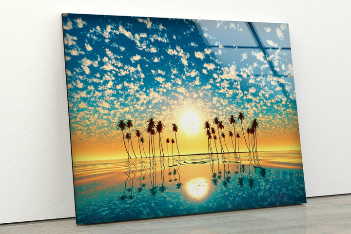 Tropical Palm Tree at Sunset Glass Wall Art