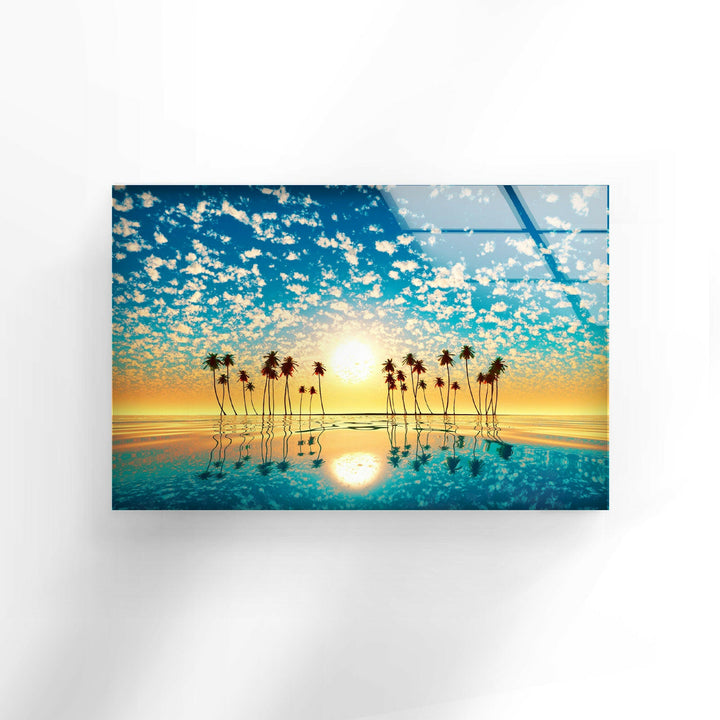 Tropical Palm Tree at Sunset Glass Wall Art