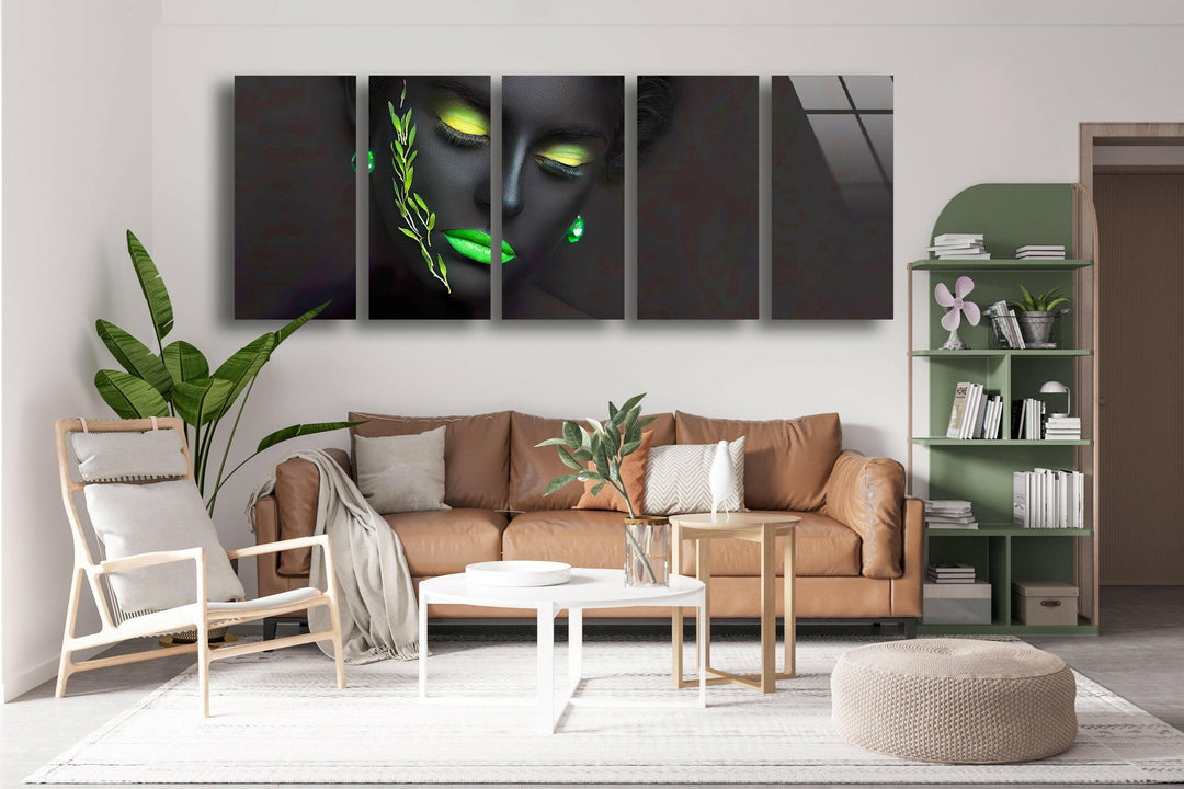 Neon, Black Woman Portrait Glass Wall Art, print on glass, glass printed photos