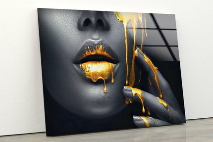 Black Woman with Yellow Lips Glass Wall Art