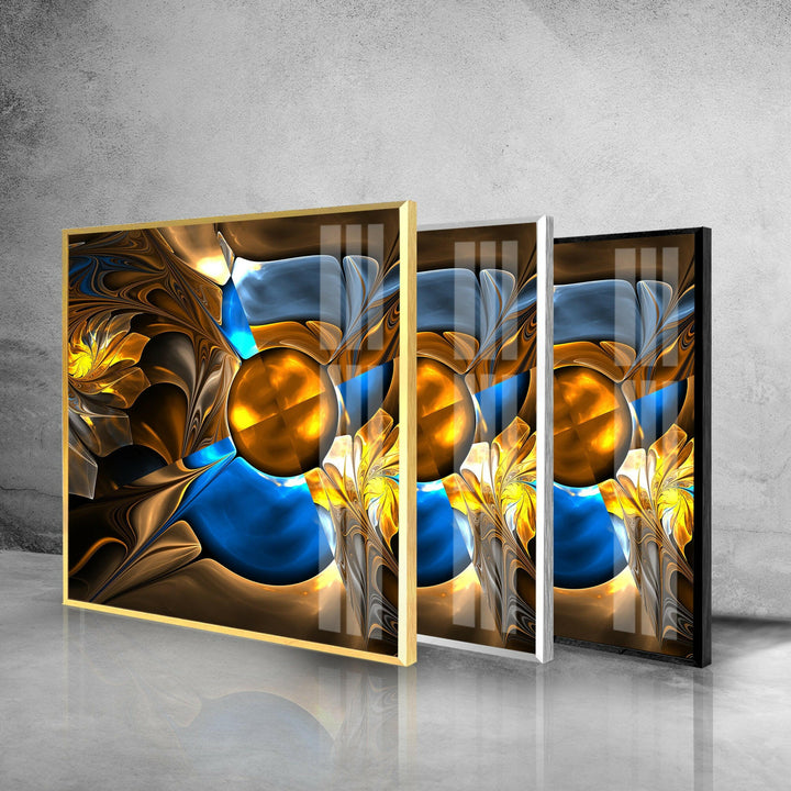 Abstract Blue&Gold Fractal Glass Wall Art, custom glass photo prints, large glass prints