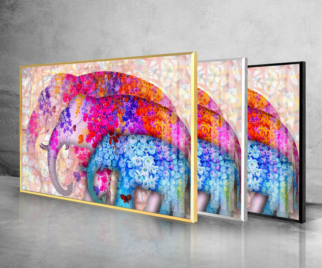 Colorful Elephants Glass Wall Art print on glass, glass printed photos