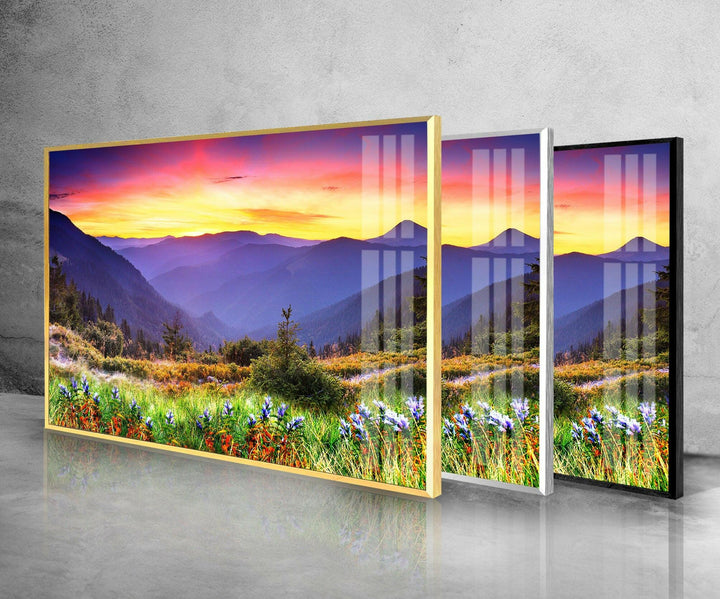 Sunset Colored Mountains Glass Wall Art picture on glass wall art, photos printed on glass