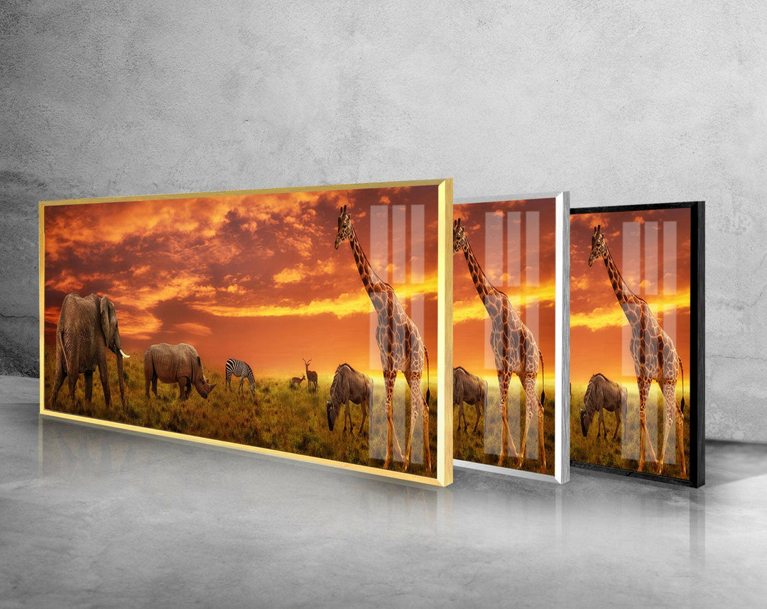 Safari Group Grazing At Sunset Glass Wall Art, glass image printing, glass prints from photos